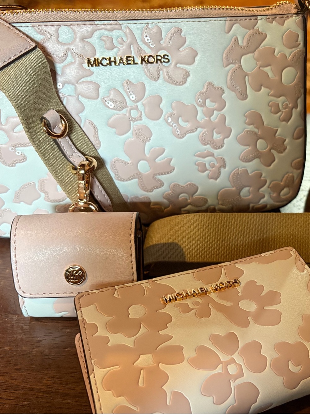 MICHAEL KORS Mint and Pale Pink Floral Embossed Crossbody Set